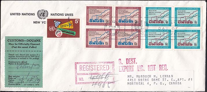 United Nations 1968 Registered Cover to Canada - Front United Nations 1968 Registered Cover to Canada - Front