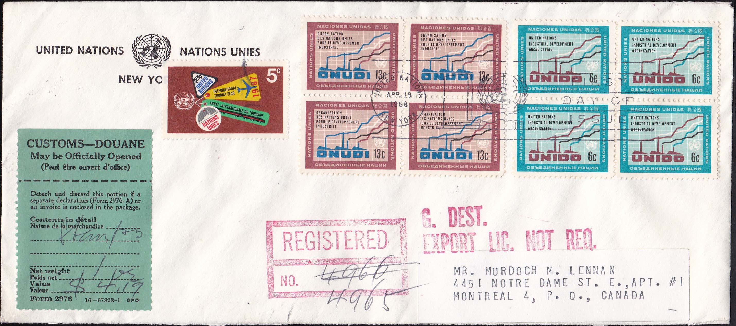 United Nations 1968 Registered Cover to Canada - Front