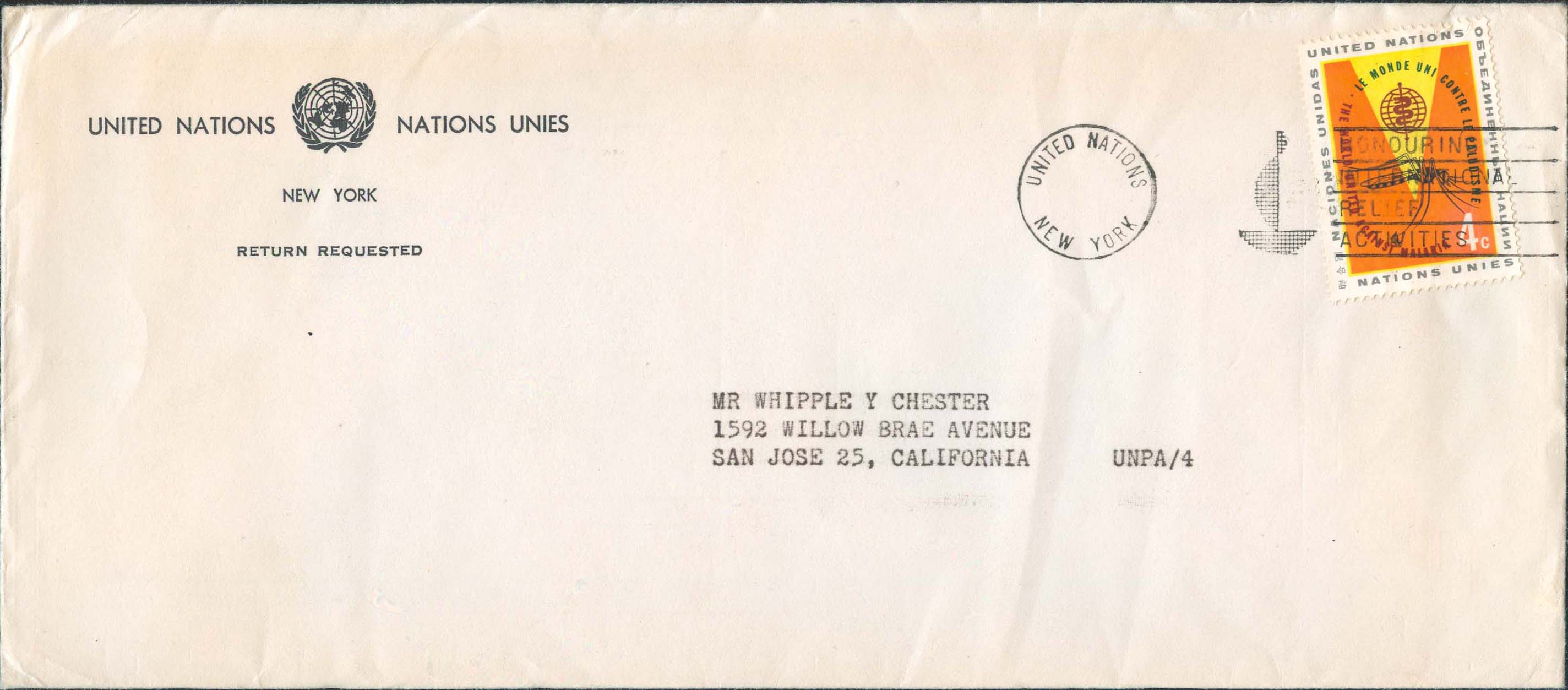 3rd Class mailing (contents dated September 15, 1963) with United Nations Scott 102