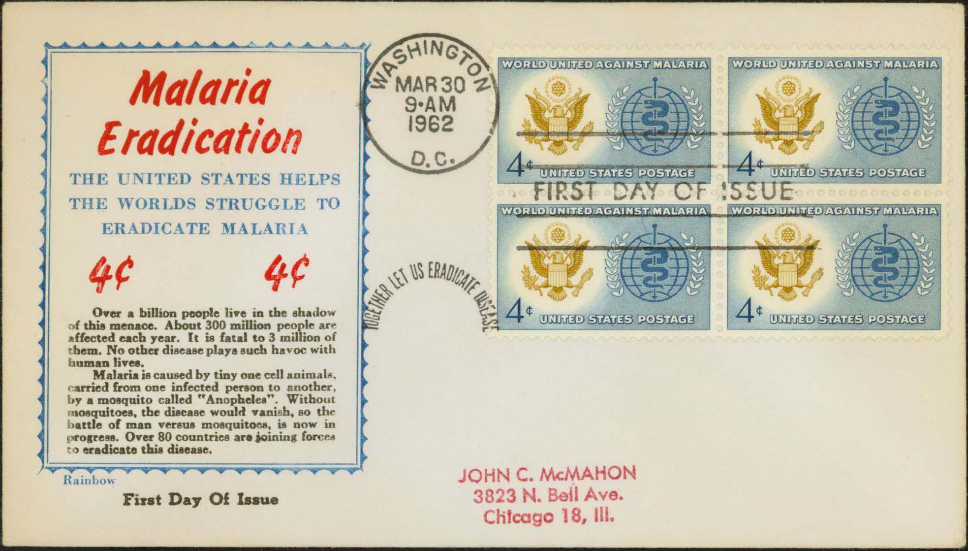 Scott 1194 (FDC w/ Rainbow Cachet)(Block of 4) (Border) = Blue, (4¢) = Red, (Text) = Black, (Paper) = White