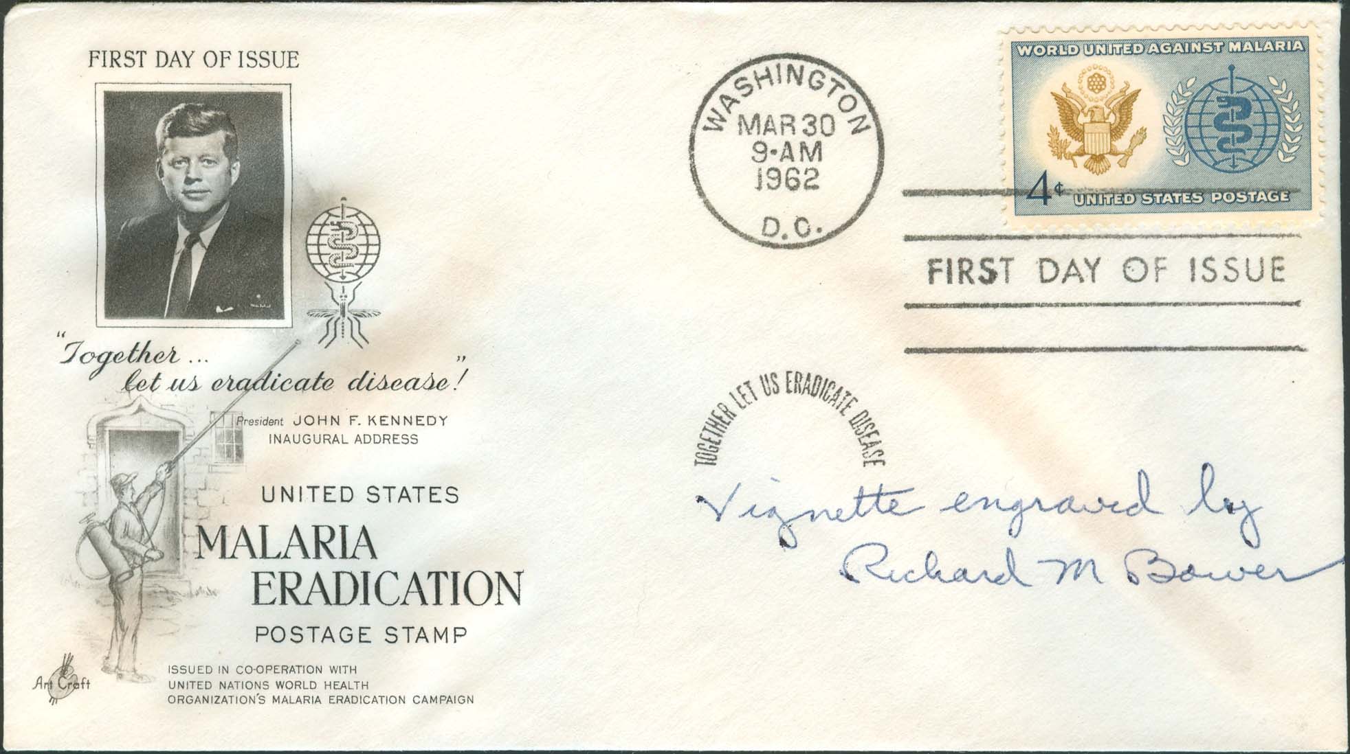 Art Craft Kennedy FDC signed "Vignette engraved by Richard M Bower"