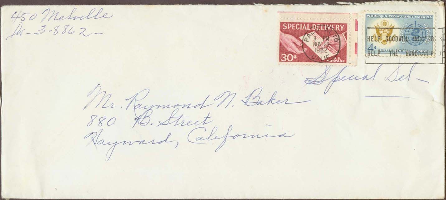 1962, November 20th. Palo Alto, CA to Hayward, CA 4¢ paid domestic fee, 30¢ paid the special delivery service