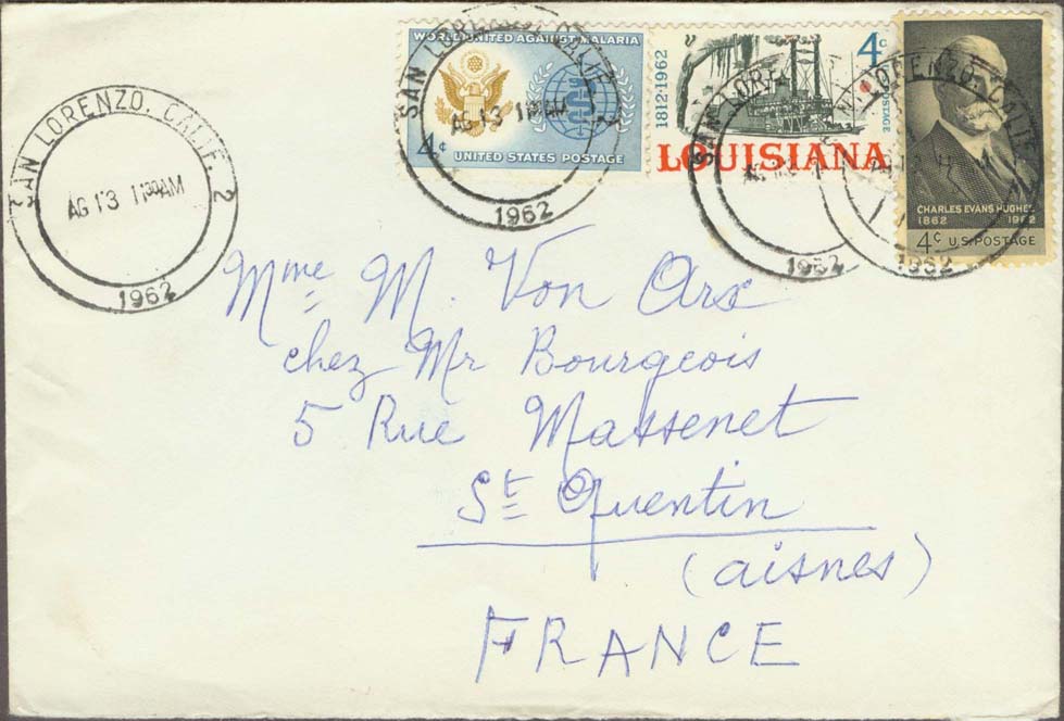 1962, August 13th. 11:30 AM. San Lorenzo, CA to France (Overpaid by 1¢)