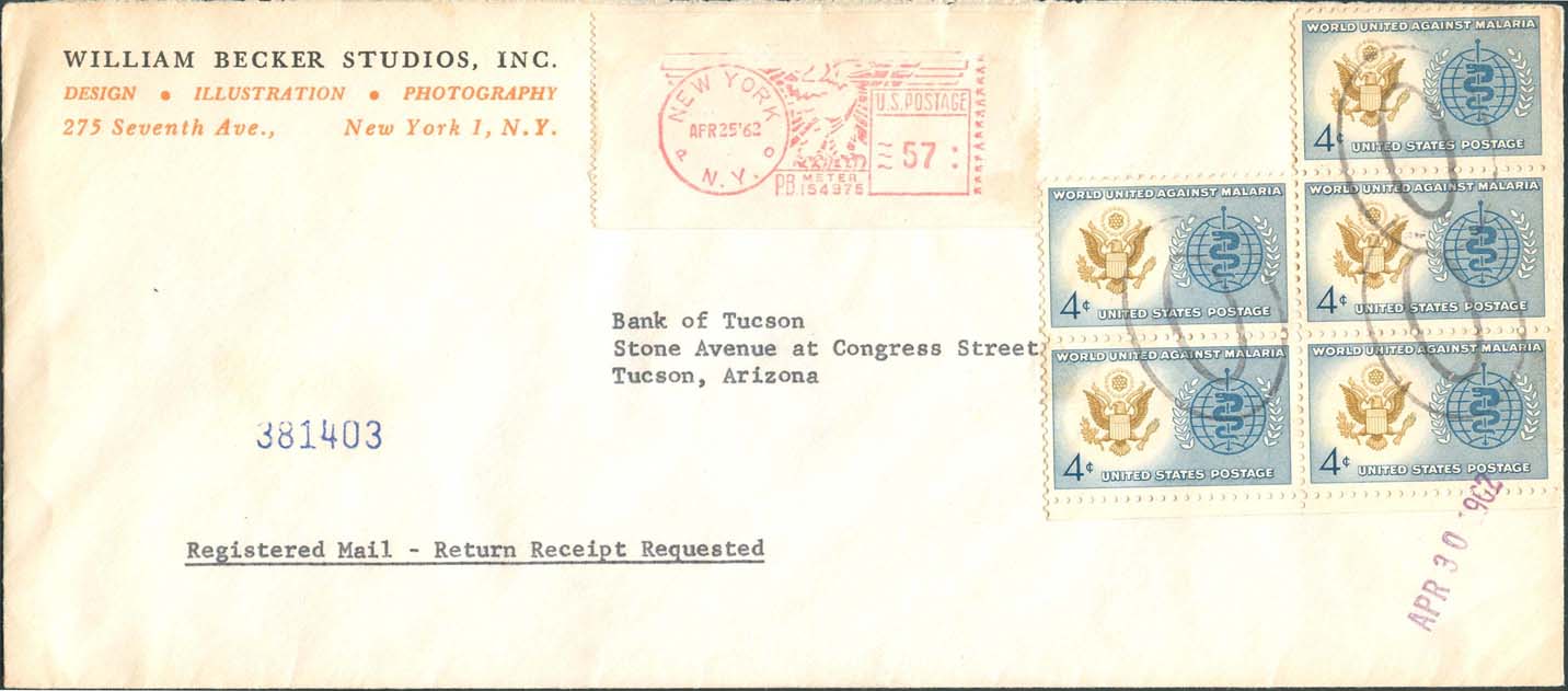 1962, April 25th, New York, NY to Tucson, AZ - Front