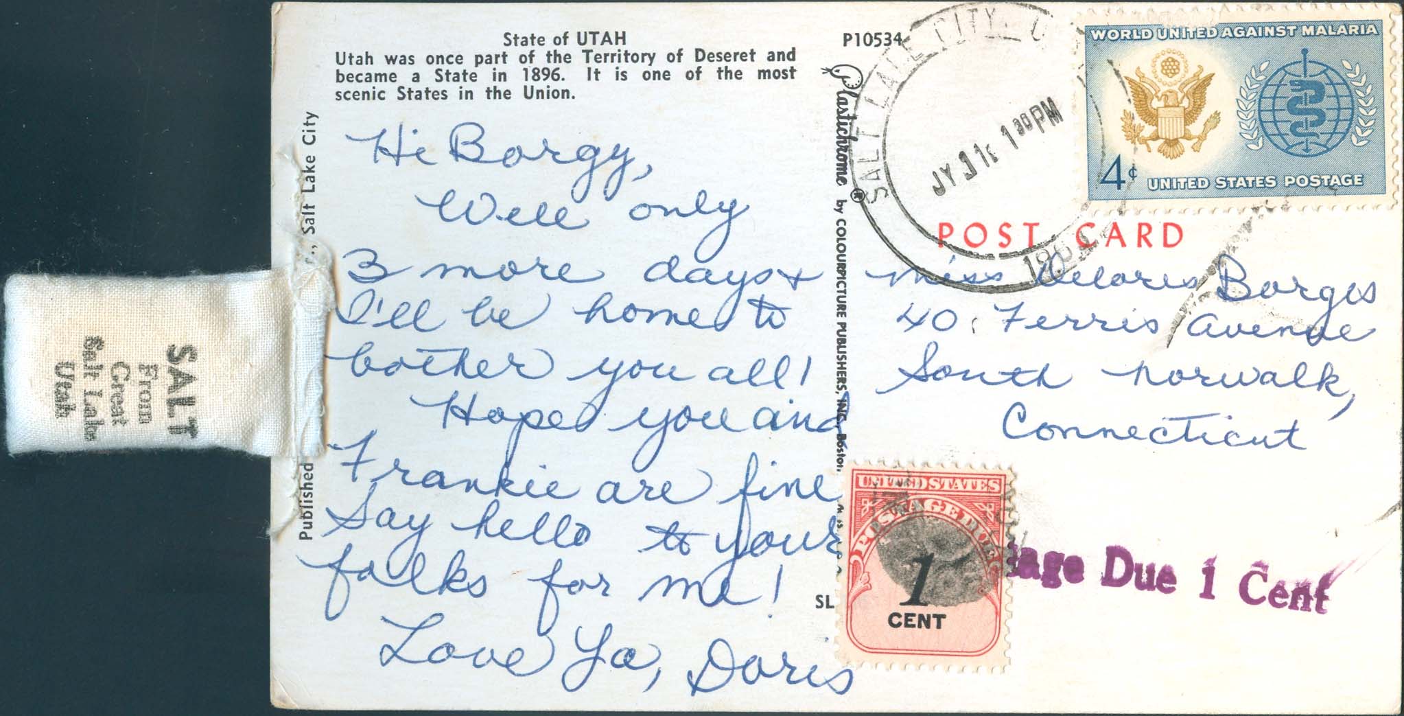 1963, July 31st. Salt Lake City, UT to South Norwalk, CN. Sender attempting to send postcard at the 4¢ postcard rate but with the salt bag was attached, the letter rate applied. Postage Due 1 ¢