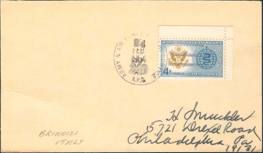 1964, February 4th, Army and Air Force Postal Service APO 240 (Brindisi, Italy) to Philadelphia, PA
