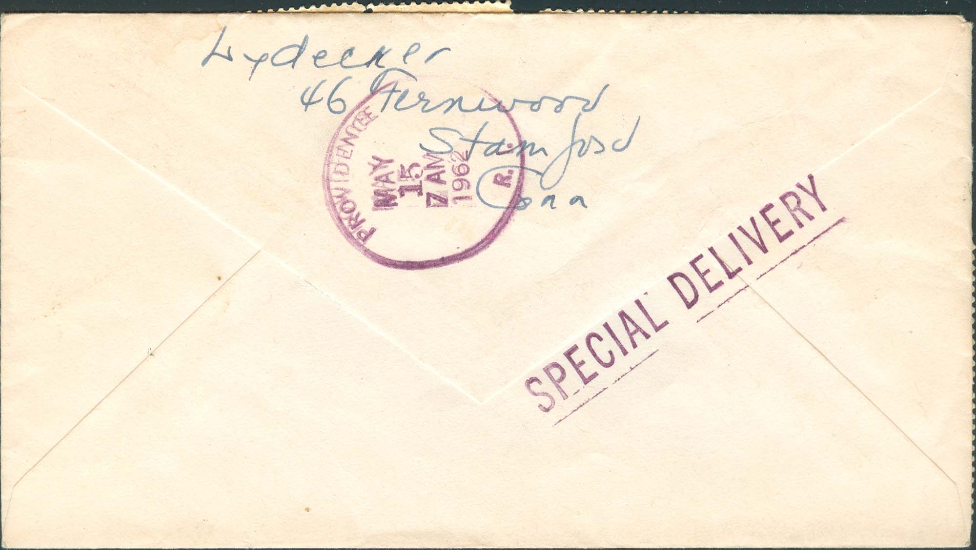1962, May 14th, 9:30 PM. Stamford, CN to Cranston, RI. 4¢ paid domestic fee, 30¢ paid the special delivery service - Back