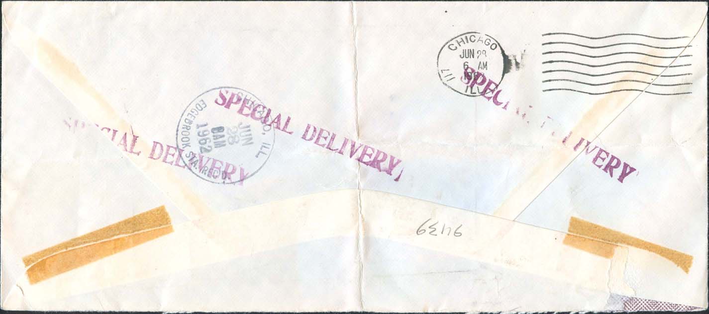 1962, June 27th, PM. Anderson, IN to Chicago, IL. 8¢ paid domestic fee - 2 oz., 30¢ paid the special delivery service - Back