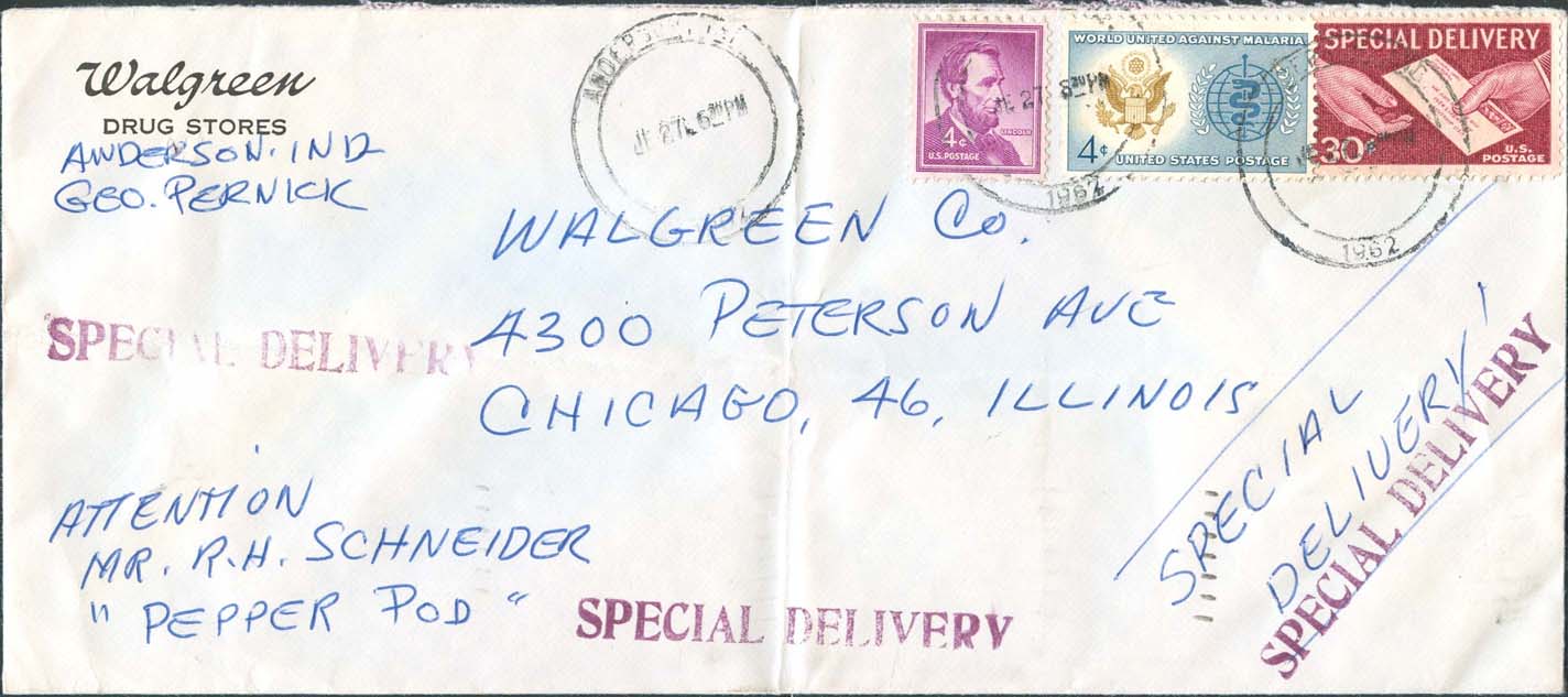 1962, June 27th, PM. Anderson, IN to Chicago, IL. 8¢ paid domestic fee - 2 oz., 30¢ paid the special delivery service - Front