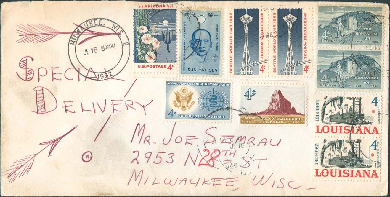 1962, June 16th, PM. Milwaukee, WI to Milwaukee, WI. 8¢ paid domestic fee - 2 oz., 30¢ paid the special delivery service (Overpaid by 2¢)