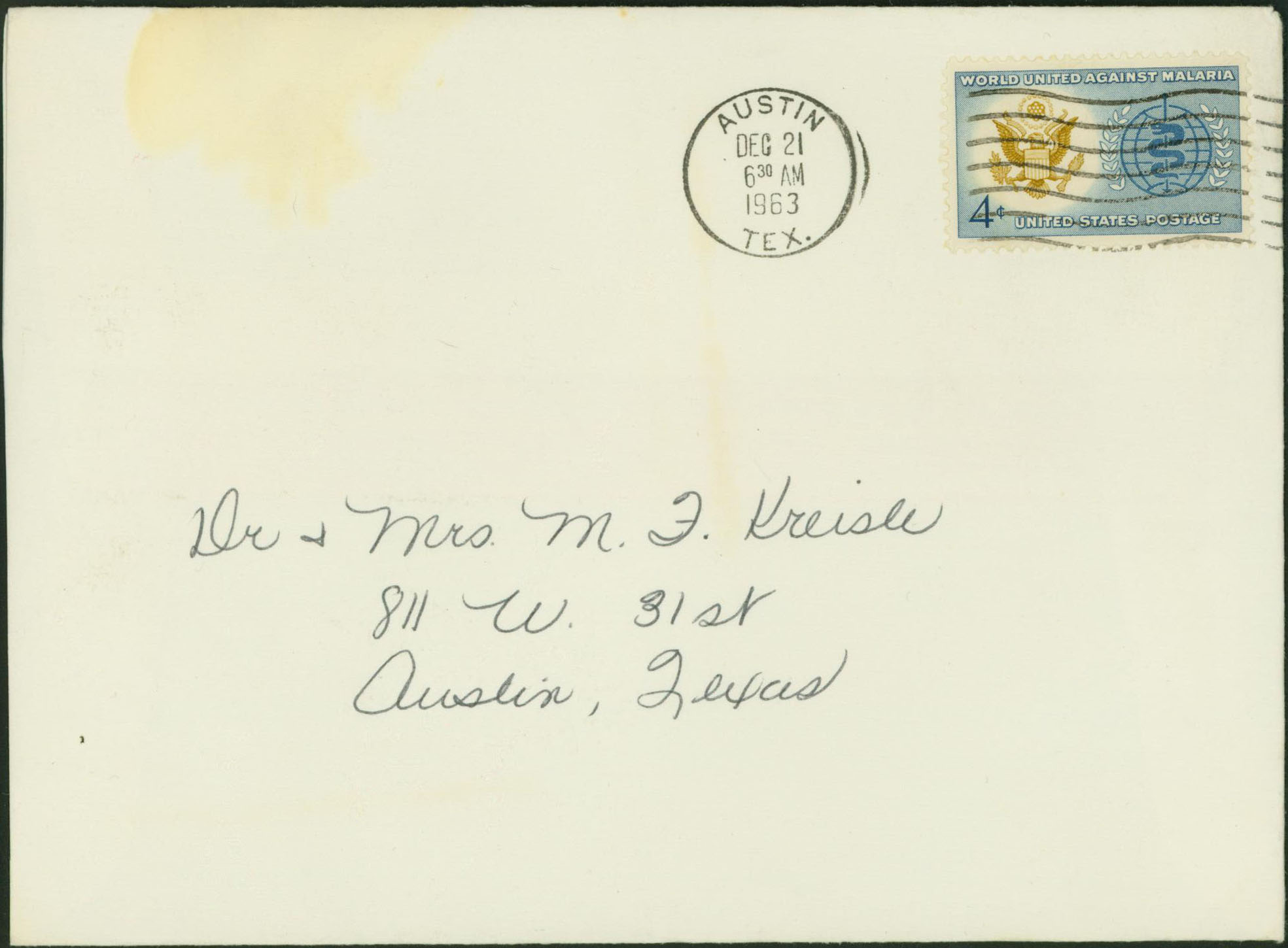 1963, December 21st, 6:30 AM. Austin, TX to Austin, TX (holiday card sent in an unsealed envelope.)