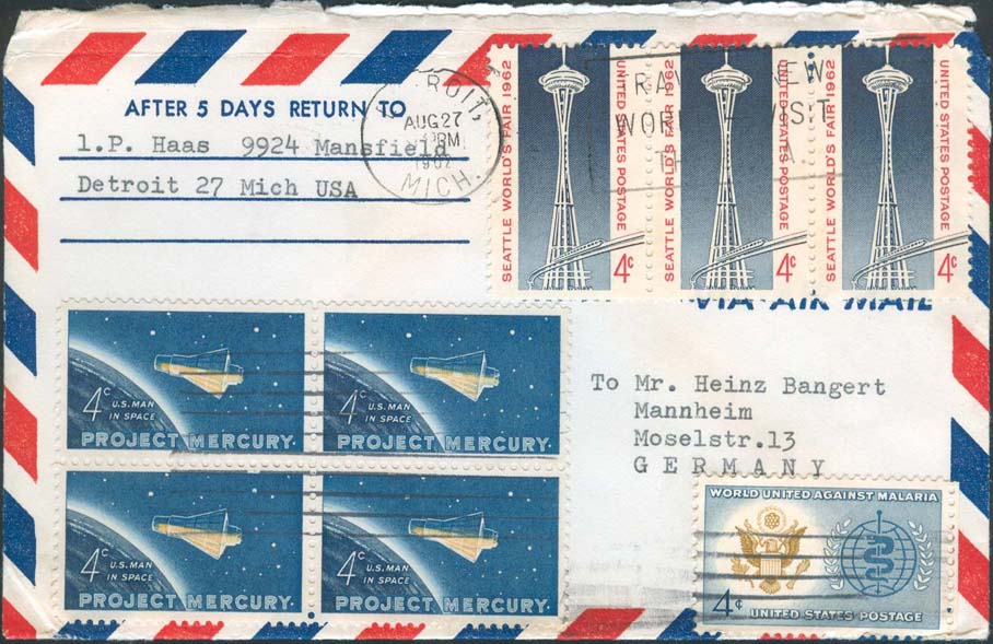 1962, August 27th, Detroit, MI to Germany (Overpaid by 2¢)
