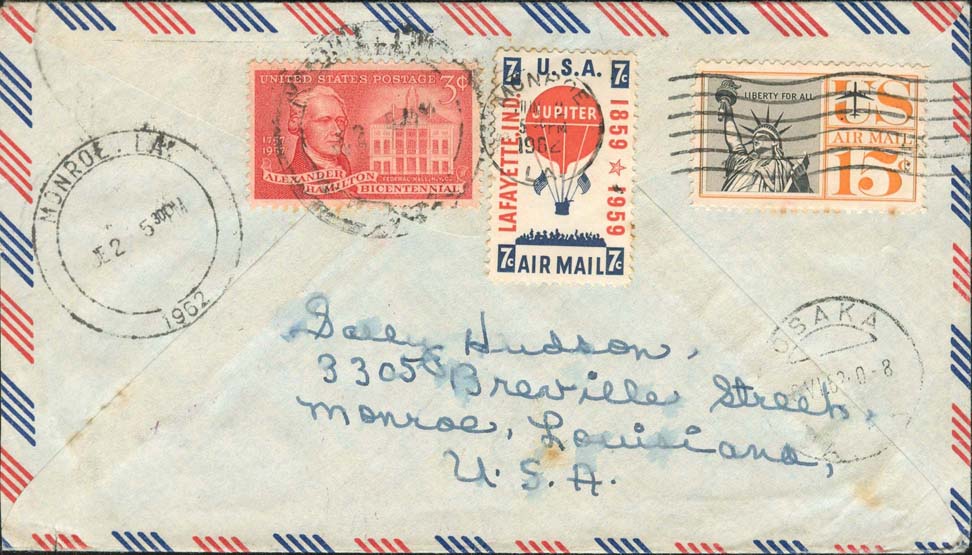 1962, May 29th, 4:30 PM Monroe, LA to Japan. Cover weighed 1 oz so 25¢ more was required and returned for more postage. 25 ¢ added on the back June 2nd, 1962. - Back