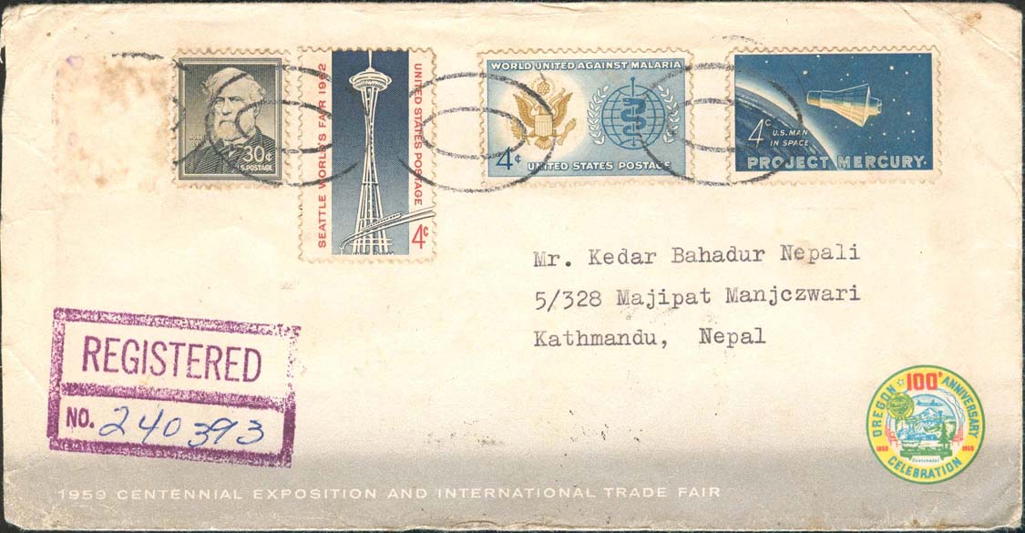 1962, November 9th, Portland, OR to Nepal (Missing Stamp) - Front