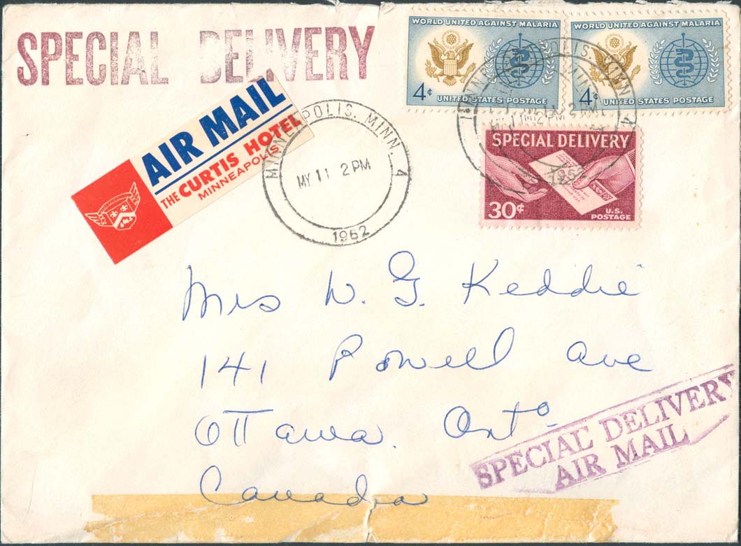 1962, May 11th, Minneapolis, MI to Canada, Special Delivery (30 ¢)- 2 oz. (8 ¢)