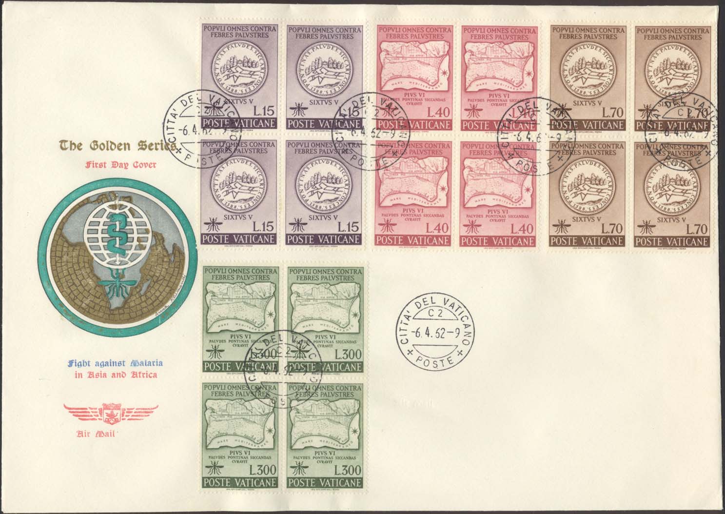 Scott 326-329 %28Blocks of 4%29 %28FDC w%2F Globe showing Africa%2FAsia %28The Golden Series%29%29