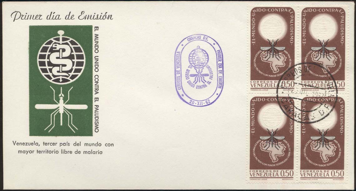 Scott 825 %28Block of 4%29 %28FDC w%2F Symbol%2FMosquito %28Green%29 %28Purple Cancellation%29%29