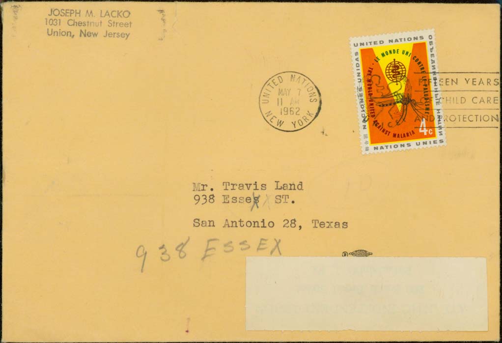 United Nations - Scott 102 %28First Printing%29 - 1962%2F05%2F07%2C %3C%3D 1 oz. first class%2C surface letter rate to San Antonio%2C Texas