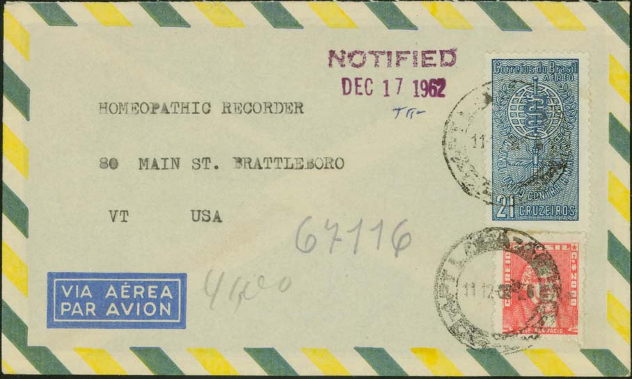 Brazil - Scott 106 - 1962/12/11 to the United States (w/ Notified marking)