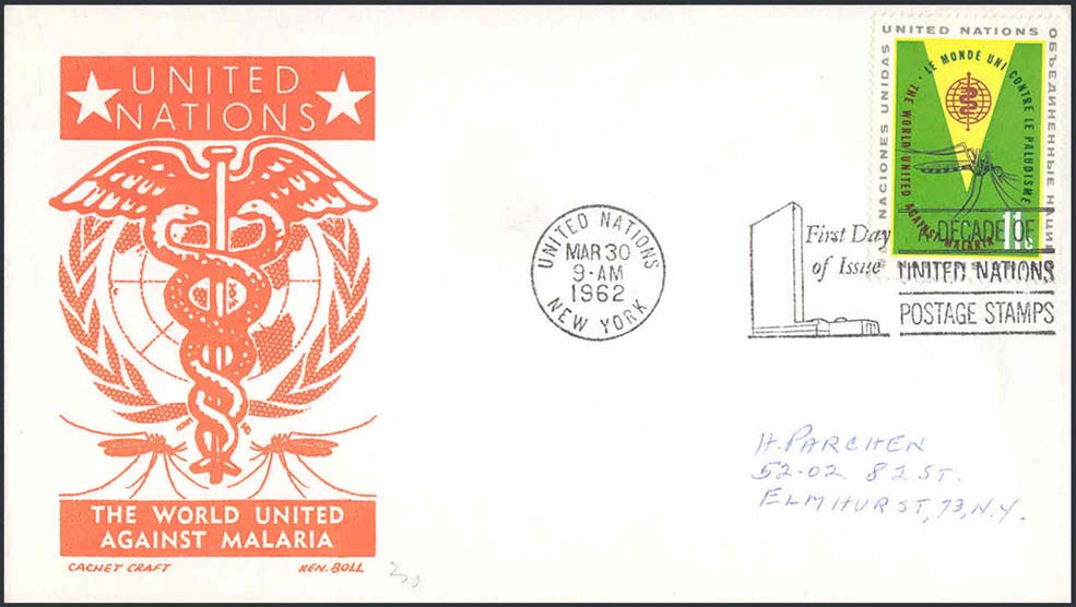 Ken Boll FDC Cachet (Orange) w/ United Nations Scott 103