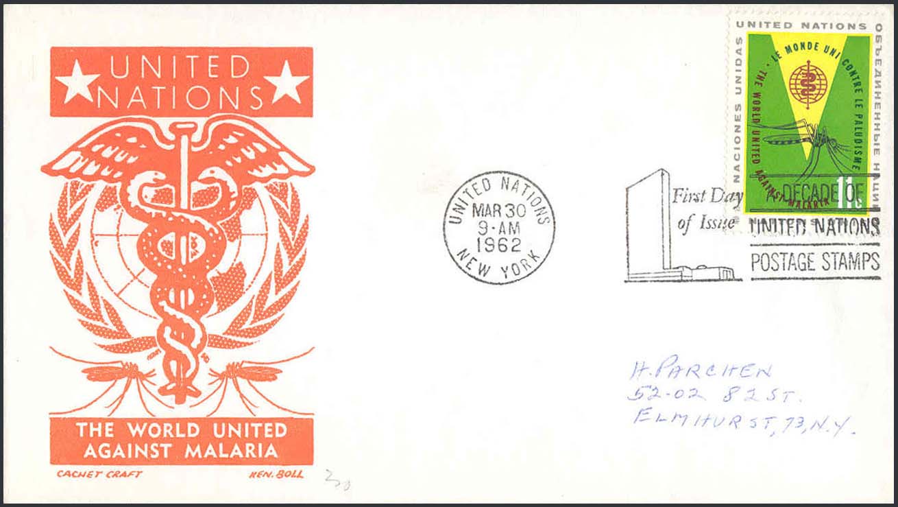 Ken Boll FDC Cachet (Orange) w/ United Nations Scott 103